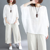 Large-Size Women's Fat Summer Solid Color Splicing Loose Cotton Trousers Casual White Bat Shirt Tide