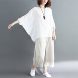 Large-Size Women's Fat Summer Solid Color Splicing Loose Cotton Trousers Casual White Bat Shirt Tide