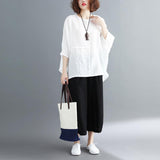 Large-Size Women's Fat Summer Solid Color Splicing Loose Cotton Trousers Casual White Bat Shirt Tide