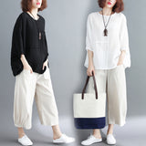 Large-Size Women's Fat Summer Solid Color Splicing Loose Cotton Trousers Casual White Bat Shirt Tide