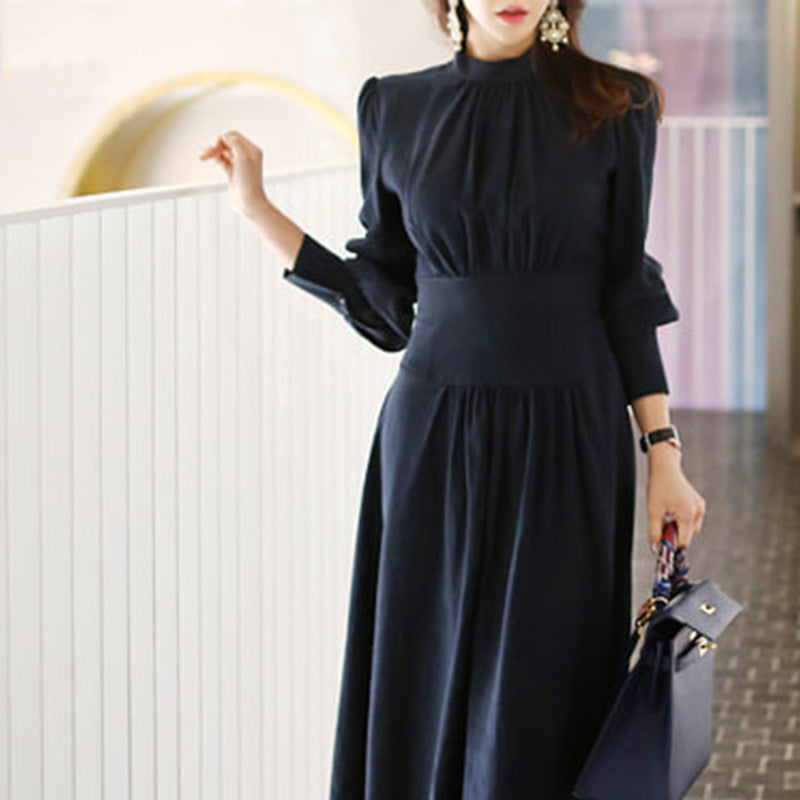 2026 Spring Dress New Korean Style Temperament Collar Lantern Sleeves To Collect The Waist Thin And Medium Long Swing Dress