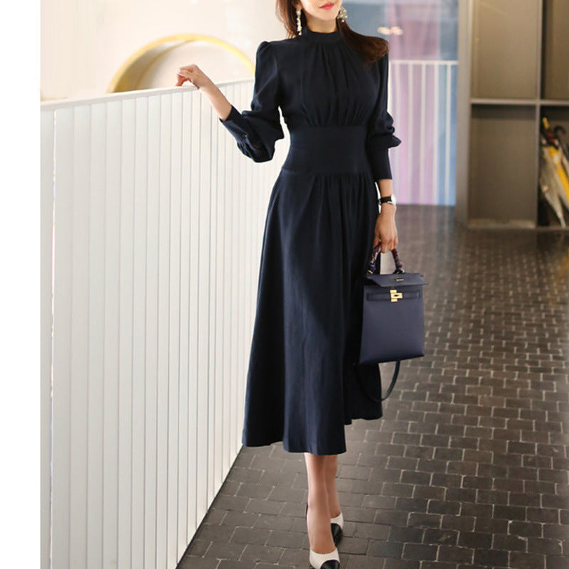 2026 Spring Dress New Korean Style Temperament Collar Lantern Sleeves To Collect The Waist Thin And Medium Long Swing Dress