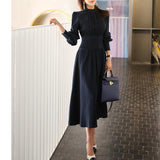 2026 Spring Dress New Korean Style Temperament Collar Lantern Sleeves To Collect The Waist Thin And Medium Long Swing Dress