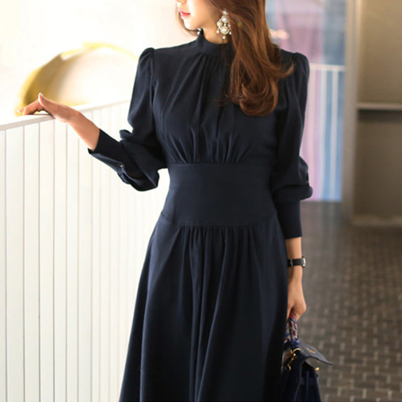 2026 Spring Dress New Korean Style Temperament Collar Lantern Sleeves To Collect The Waist Thin And Medium Long Swing Dress