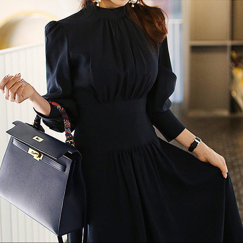 2026 Spring Dress New Korean Style Temperament Collar Lantern Sleeves To Collect The Waist Thin And Medium Long Swing Dress