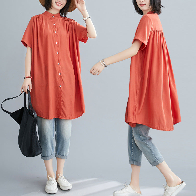 Net Color Temperament Shirt Fat Large Size Women's Clothing Long Coat Short Sleeve Buckle Collar Irregular Sunscreen