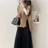 Korean Version Of The New Half-High-Neck Short-Sleeved Loose Knitted Shirt Before The Short And Long Open Fork Cloak Medium Long Sweater