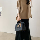 Korean Version Of The New Half-High-Neck Short-Sleeved Loose Knitted Shirt Before The Short And Long Open Fork Cloak Medium Long Sweater