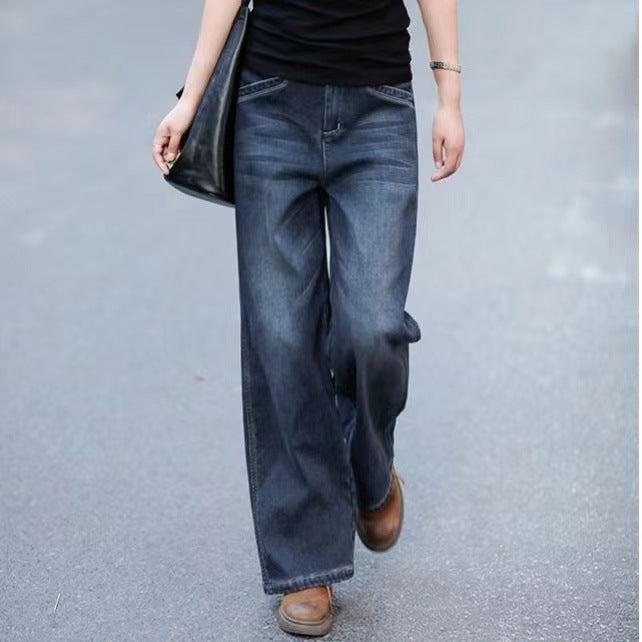 Spring And Autumn New Pendant Jeans Women High-Waisted Straight Loose Thin Large-Size Broad-Legged Trousers Old Dad Pants