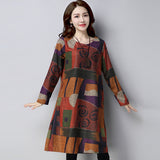 Autumn And Winter National Fat Hairs Long-Sleeved Dress Women's Large Size Women's Loose Thin Print Dress Tide