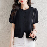 Summer Japan And South Korea New Five-Sleeved Shirt Women's Short-Sleeved Shirt Temperament Coat Short-Sleeved Cotton Top
