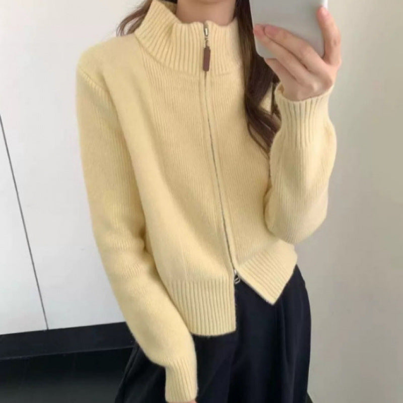 KANING Korean Version Of The Double Zipper Knitted Cardigan 2026 New Solid Color Simple Loose Red Sweater Jacket
