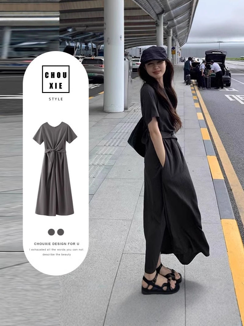 Small Design Cross-Tieed Short-Sleeved Dress Summer Femininity High-End Feeling Waist Thin A Word Long Skirt
