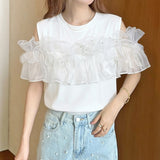 Real Shooting A Large Number Of Fake Two-Piece Multi-Wear French Women Heavy Industry Ordered Beaded Ear Lace High-End Cotton Shirt Women's Top