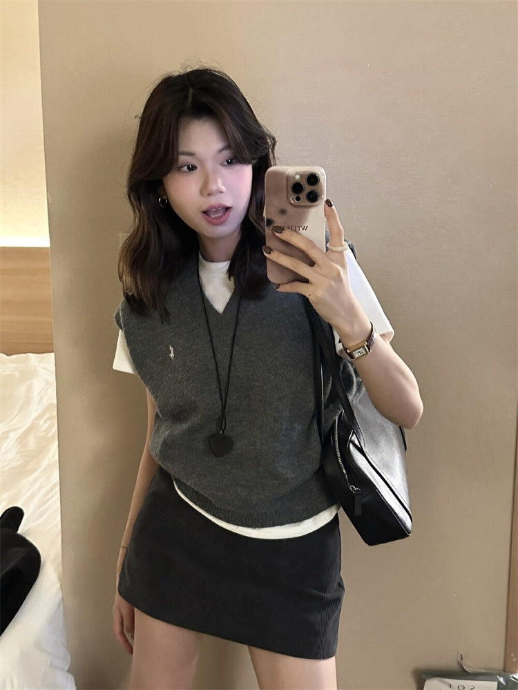 Green Tea Small Pony Embroidery Han Ling Wearing Chic Chic Folding Vest College Blouse