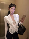 White Lace Splicing Fake Two-Piece Collar T-Shirt Girl Spring And Autumn Pure Desire Royal Sister Style Long Sleeve Bottom Top