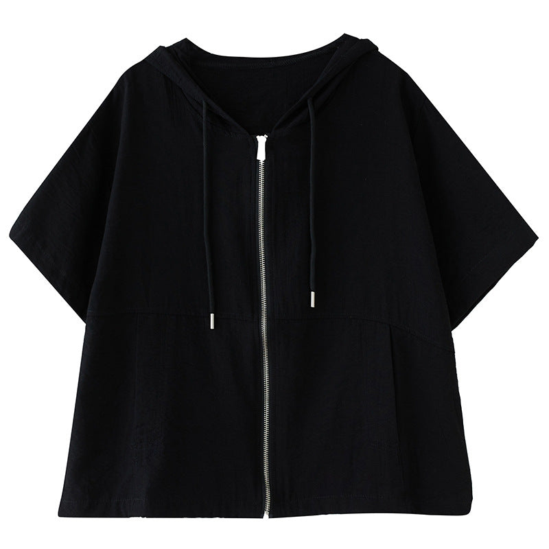 Real Shooting Summer New Hooded Solid Color Casual Pocket Shirt Zipper Small Jacket Under The Sleepe Rope Top