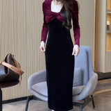 French Fashion Velvet V-Neck Dress Women 2025 Autumn And Winter New Bumpy Long-Sleeved Temperament Ass Long Dress