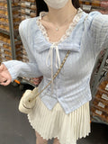 Korean Sweet Blue Lace With Long-Sleeved T-Shirts In Autumn Fake Two Chic Beautiful Thin Tops