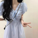 French Literary And Art T-Shirted With V-Neck Blue Bubble-Sleeved Dress Small Super Fairy Collection Waist Lanky Skirt