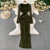 Cummel Senior Sentender Diamond Long Sleeve Dress Women's Autumn Netɴ Ribbon-Repair Elegant Dress