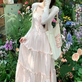French Lace Splicing Pink Sling Dress Summer Holiday Style Gentle Long Dress Small Super Fairy Simple Young