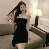 Hepburn Style Light Luxury French Word Out-To-Shoulder Sexy Hottie Dress Famous Year Dress Small Black Dress