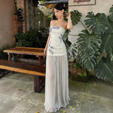 White Embroidery Dress Sexy Wind Mesh Splicing Bra Dress Women Summer Repair Height And Waist-Bosing Long Skirt