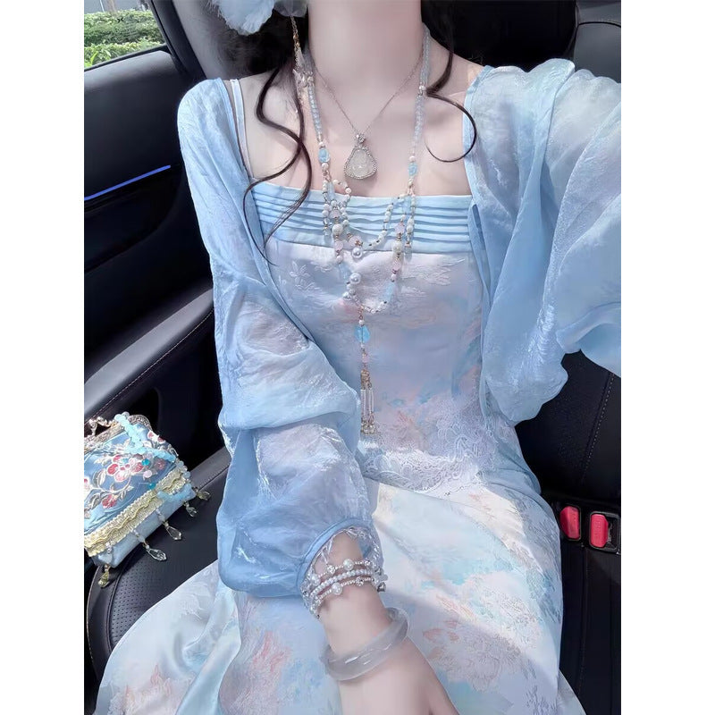 Cool New Chinese Style Suit Temperament High-End Blue Shawl Sling Skirt Three-Piece Set 2026 Summer