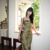 New Chinese Green Mesh Yarn Sling Dress Female Summer Design Temperament Pocketed Fishtail Dress