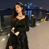 Gentle Wind Black Fried Street Dress Women 2025 Autumn And Winter New Long Sleeves To Close The Waist Thin Net Grankin Floral Skirt
