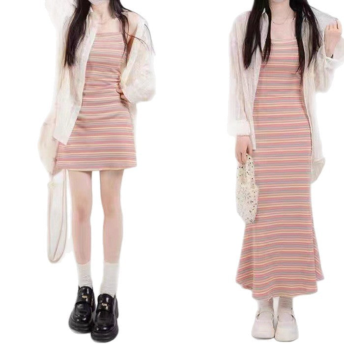 Rainbow Hanging Dress Women's Summer New French Mini-Designed Slimming Spice Girl Short Dress Set