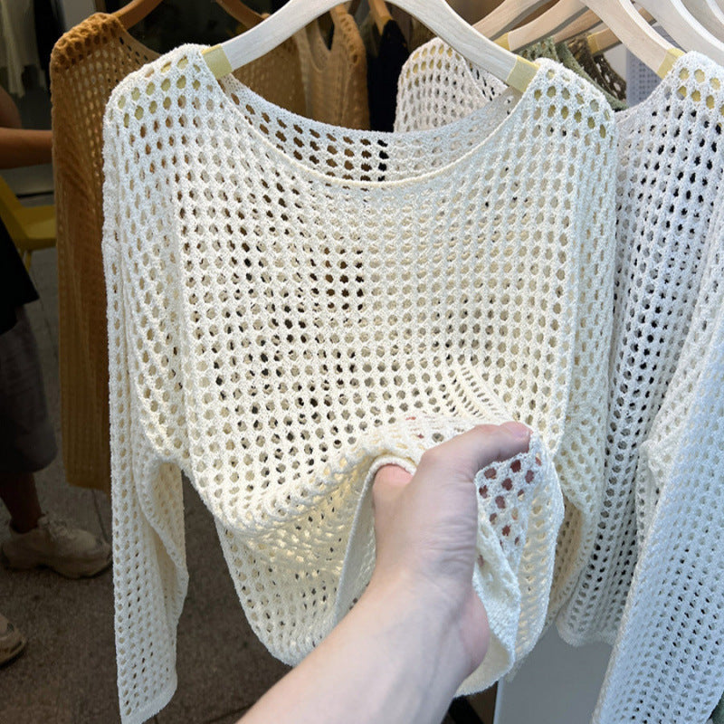 Kaning Long-Sleeved Hollow Knitted Net Shirt Women 2026 Summer And Autumn New Mesh Hooding