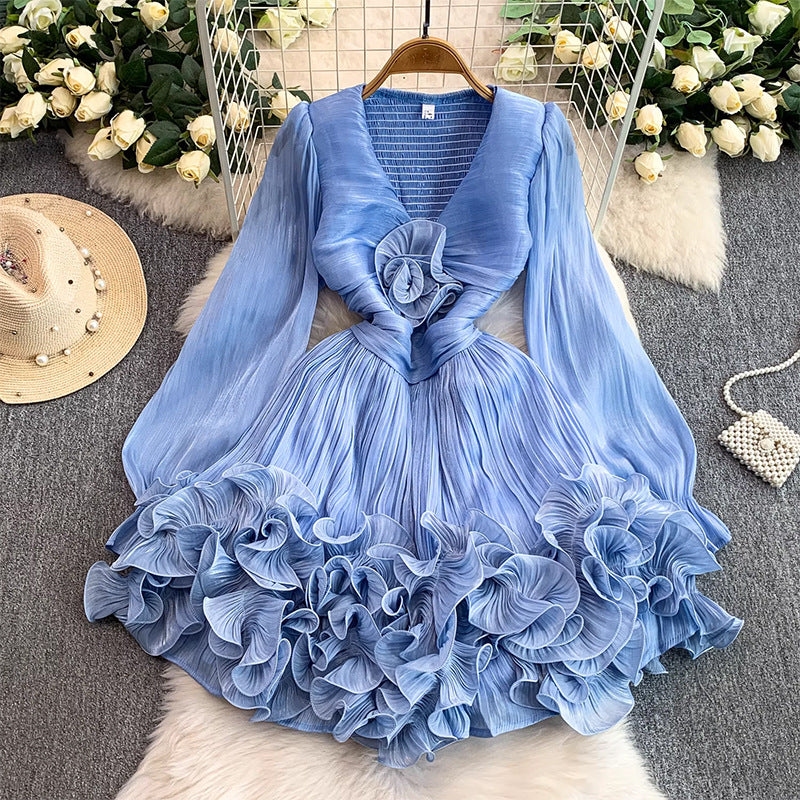 Net Red Niche High-Level Flow Light Tulle V-Neck Dress Female Heavy Industry Ponphysolious Three-Dimensional Lotus Leaf Side Skirt