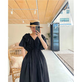 Korean Chic Summer Vintage V-Neck Drawstring Tethered With Wooden Ear Lotus Leaves Folded Waist Flying Sleeve Dress Woman