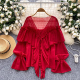 Fairy Top 2025 Summer Languid Temperament Famous Lotus Leaf Side Splicing Horn Sleeve Chiffon Shirt Loose Shirt
