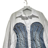 Design Sense Long Sleeve Splicing Denim Waist Shirt Female Heavy Industry Drill New Thin Fashion Hit-Colored Top