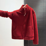 KANING Collar Thick Red Sweater Women's Cardigan High-Necked Autumn And Winter New Lazy Woolen Knitted Knitted Shirt