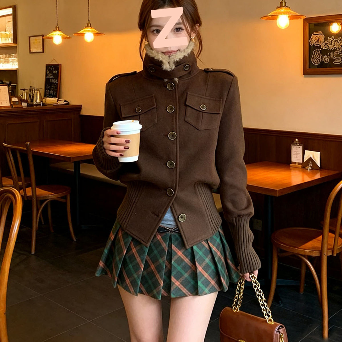 High-End Retro Temperament Curry Hair Collar Short Coat Old Money Wind Warm Waist Jacket Plus Cotton Wool Coat