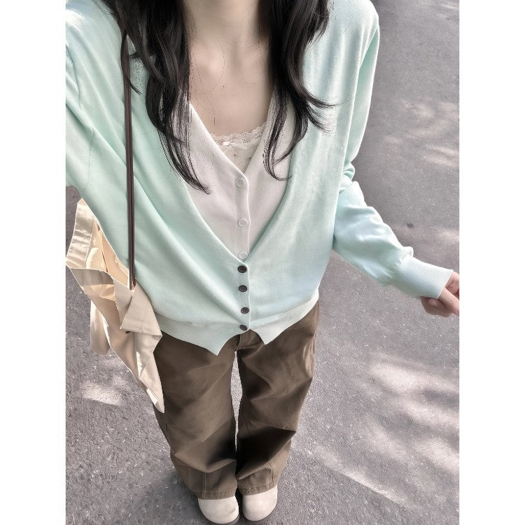 3.18 / Spring On The New XUAN XIAO JIE Spring Fake Two Mint Green Knitted Cardigan Women