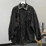 French New Korean Version Of The Long-Sleeved Shirt Women's Design Sense Of The Middle And Long Heavy Industry Lazzling Diamond Top