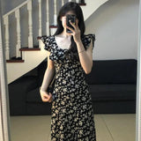 Tea Break French Hepburn Black Broken Flower Dress Women Summer 2025 New Temperament Waist Dress