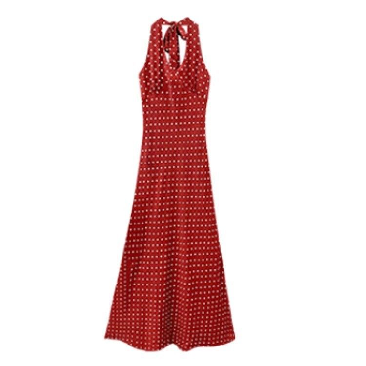 Red Wave Dot Hanging Neck Sling Dress Women's Summer Tourism Beautiful Seaside Resort Beach Long Skirts For Exclusive