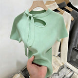 Apricot Design Hollow With Knitted Short-Sleeved Women's Summer New Slimming Ice Silk Knitted Shirt Thin Top