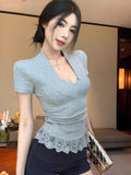 Little Sexy Hottie V Collar Pure Lust Lace Splicing Short-Sleeved T-Shirt Girl Summer Slimming Design Blouse