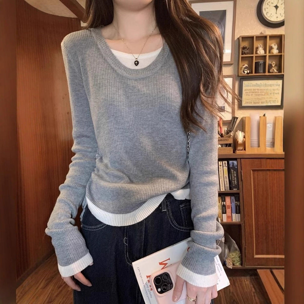 Fake Two Drawstrings Folded Long-Sleeved Women Early Autumn New Thin Design Top