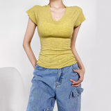 Pure-Want Summer Thin Fashion Simple V Collar Side Short Sleeve Half Sleeve Thin Tight Sexy Shirt T-Shirt