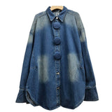 Standing Autumn And Winter Collar Bubble Long Sleeves Big Button Design Retro Washing Color Loose Street Trendy Denim Shirt