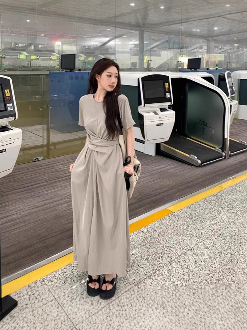 Small Design Cross-Tieed Short-Sleeved Dress Summer Femininity High-End Feeling Waist Thin A Word Long Skirt