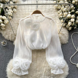 French Shirt Female Design Sense Small Three-Dimensional Flower Bubble Sleeves To Reduce The Age Of Pure Color Chiffon Shirt Women's Long-Sleeved Top